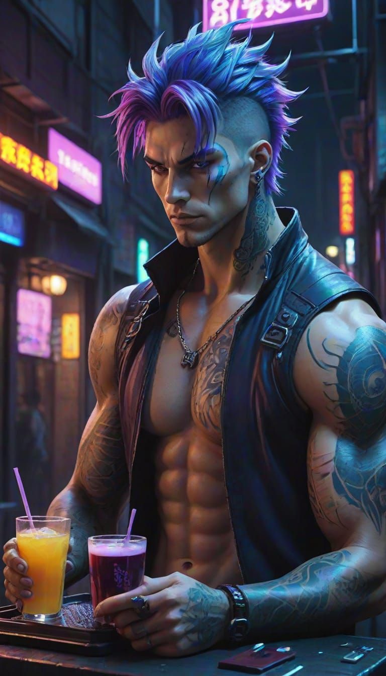 Cyberpunk Anime Bartender in Neon Alleyway