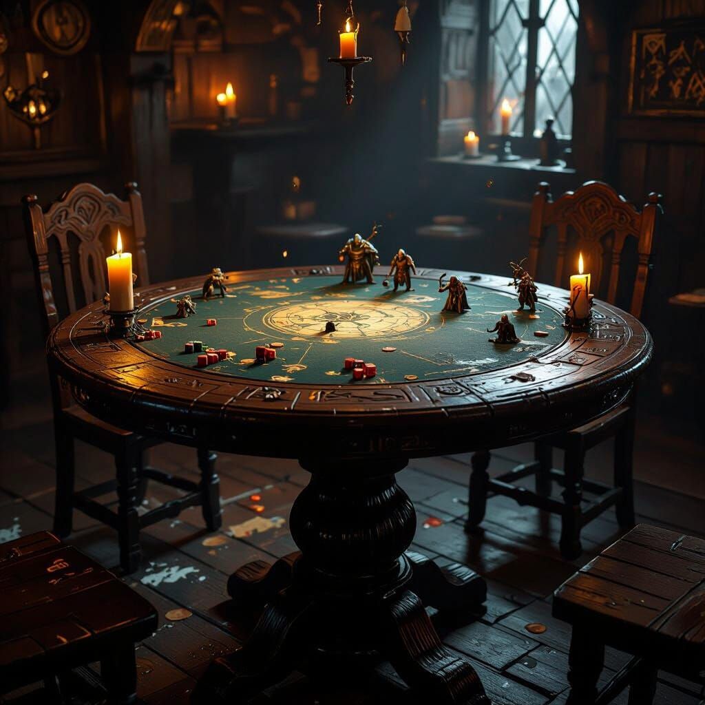 Dark Fantasy D&D Game Table in Dimly Lit Tavern