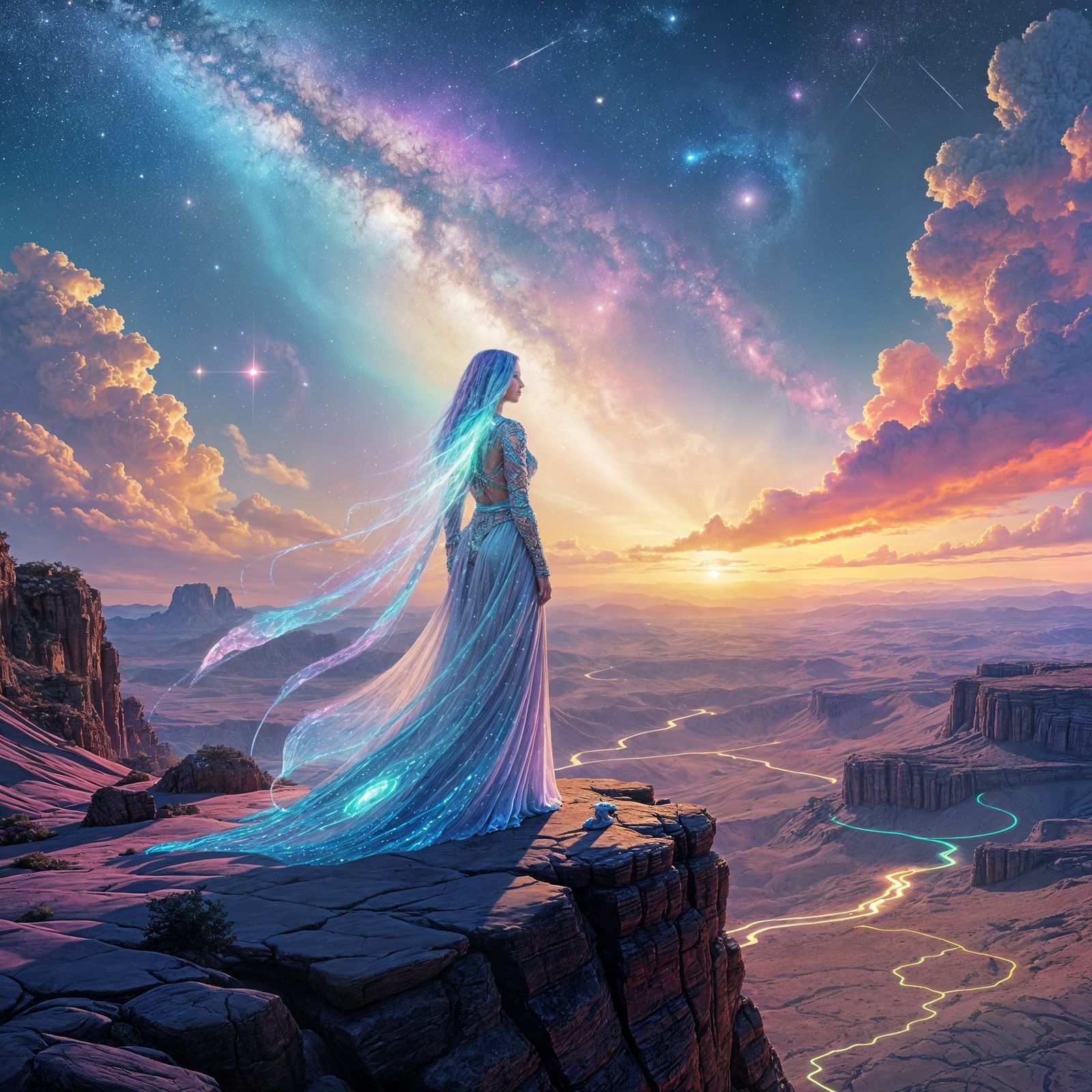 Bioluminescent Woman Overlooking Alien Desert, Holographic I...