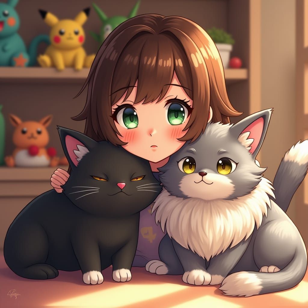 Brunette Woman with Cats and Pokémon Plushies in Anime Style