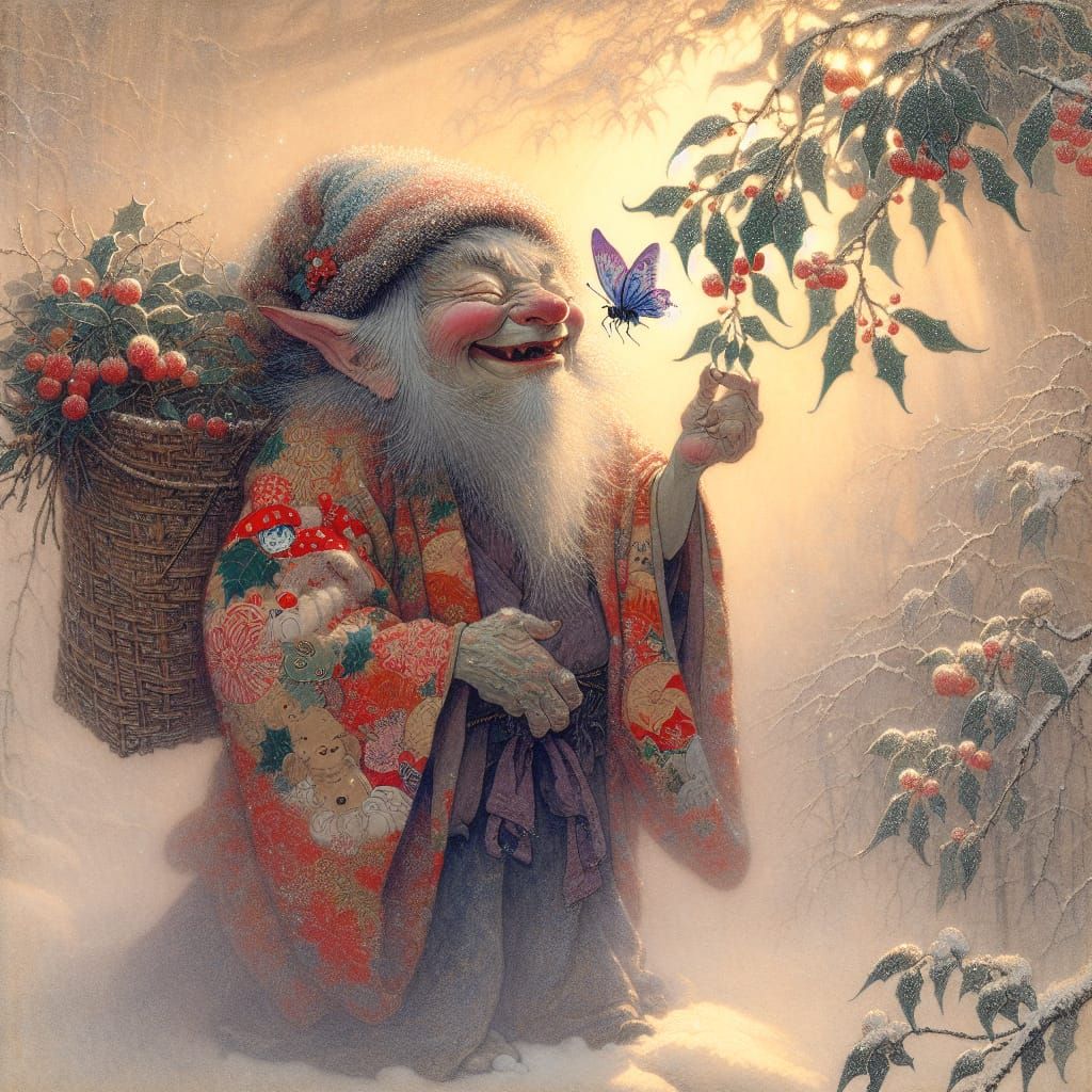 Whimsical Gremlin's Christmas Delight in Ukiyo-e Style