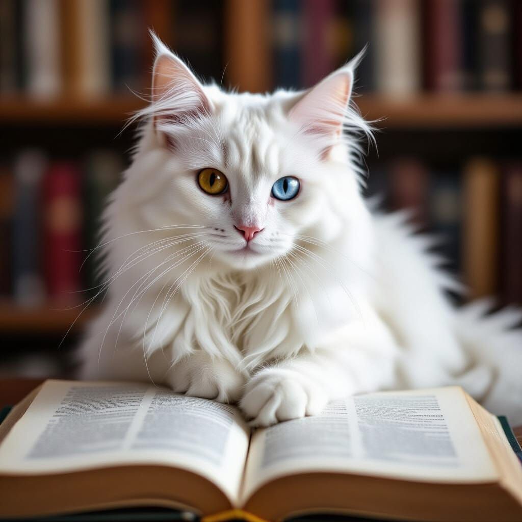 White Cat Reads Magic Book in Ancient Library