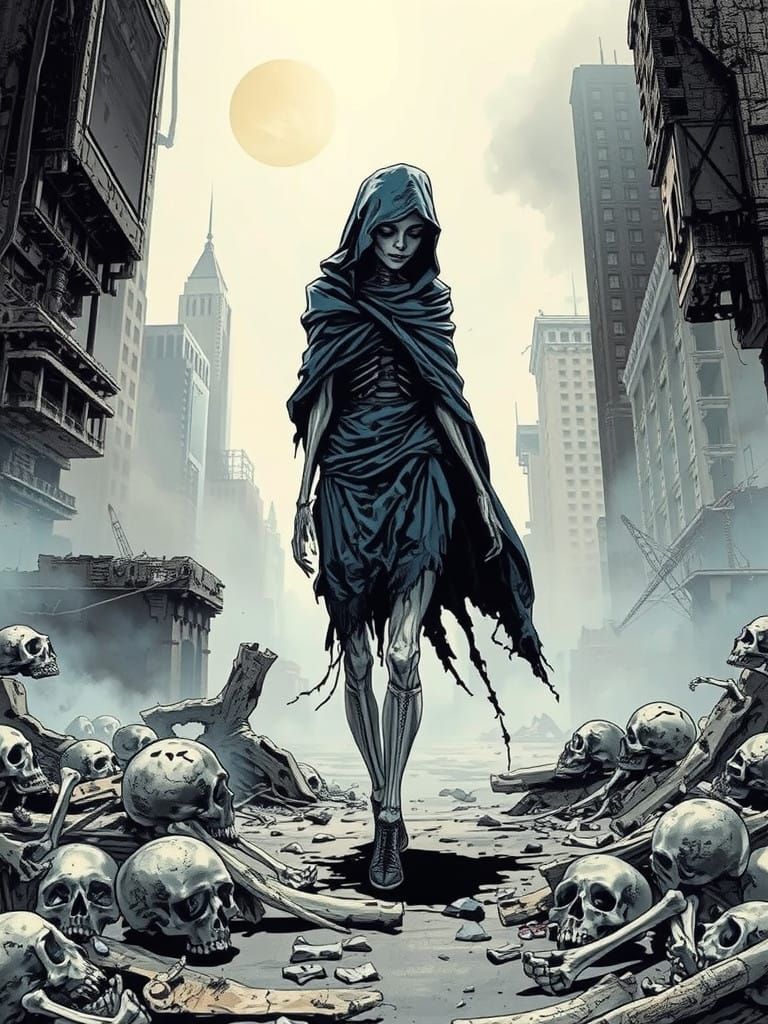 Lonely Ethereal Figure Walks Among Postapocalyptic Ruins in....