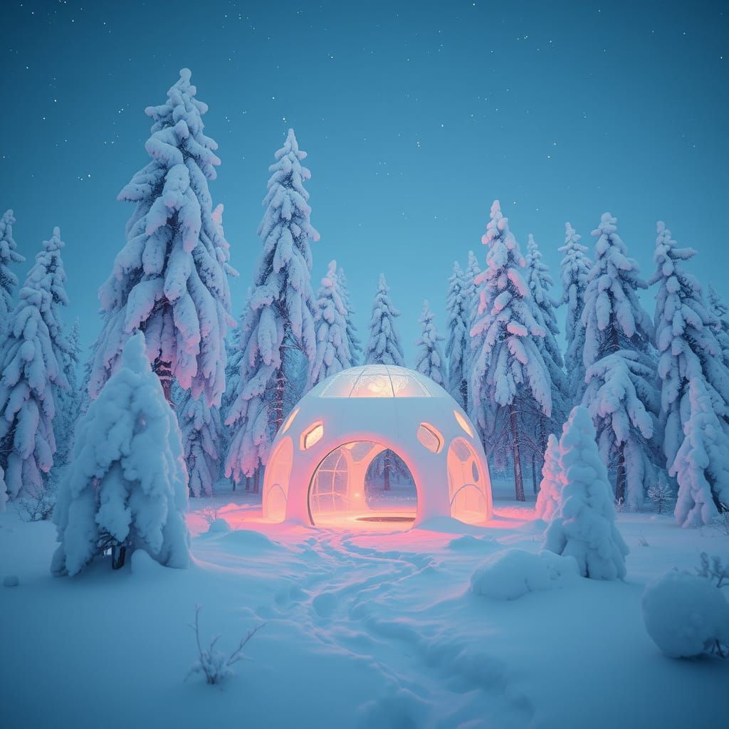 Surreal Igloo Amidst Snowy Forest