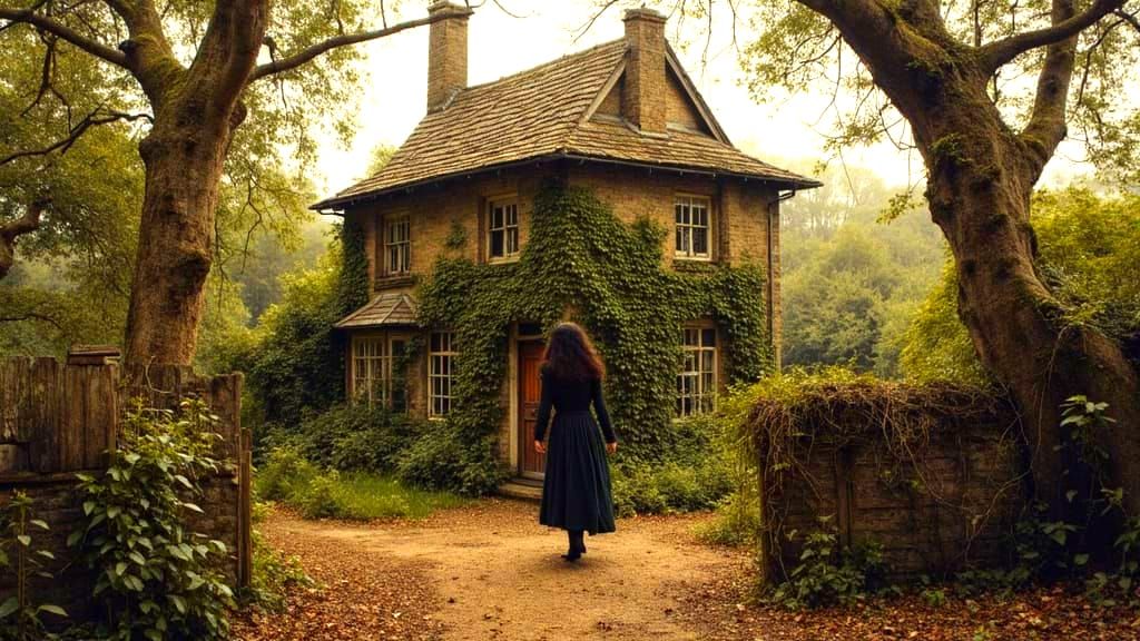 Mysterious Woman at Cottage in Atmospheric Landscape Style