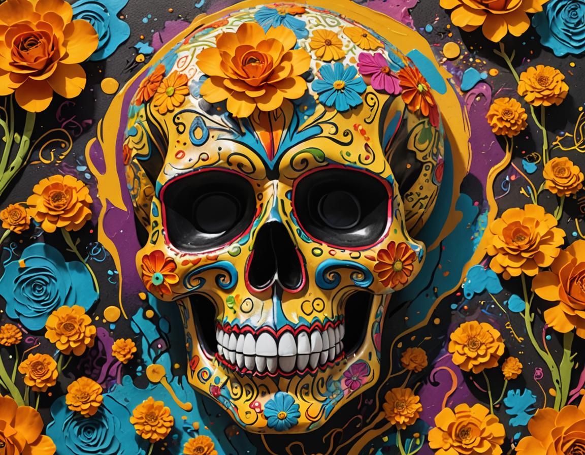 Colorful Sugar Skull Street Art Inspired by Dali