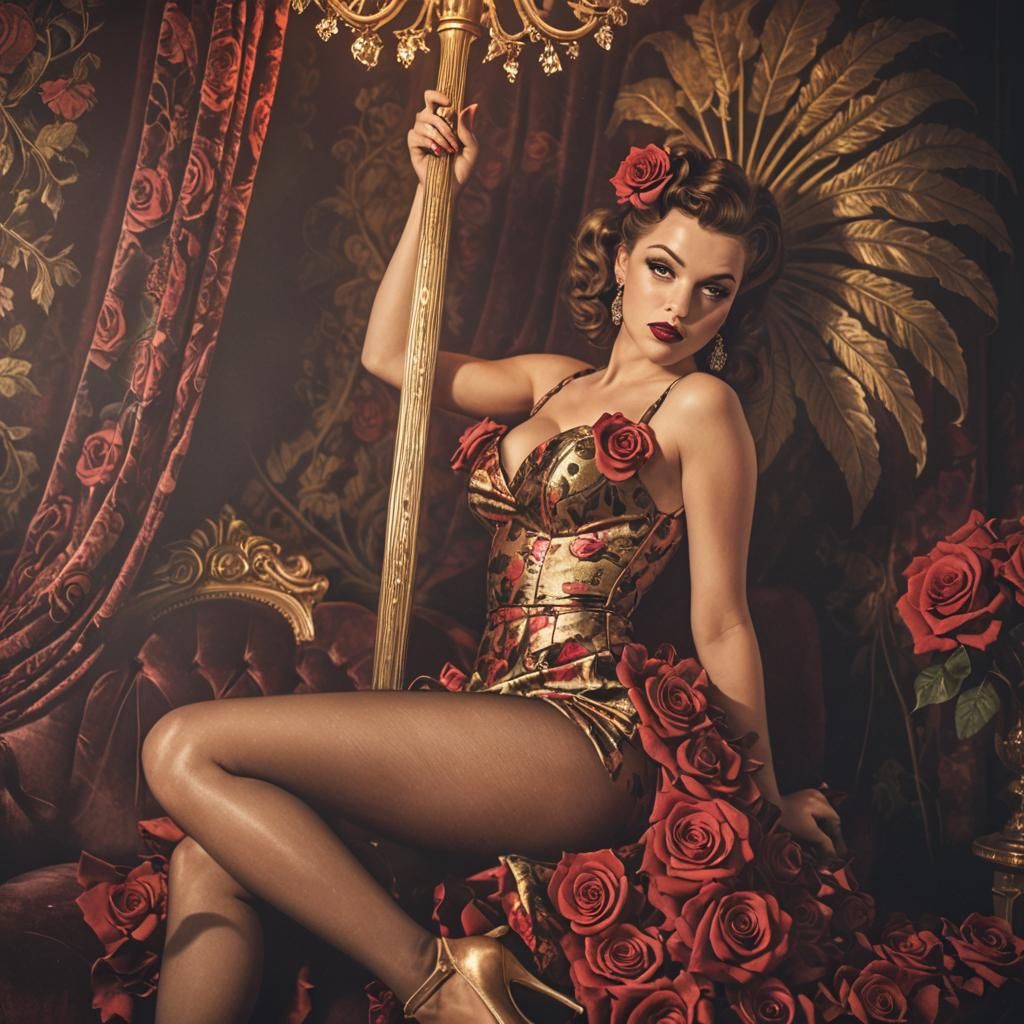 Sensual Pin-Up in Rose Dress, Hyperrealistic Photography