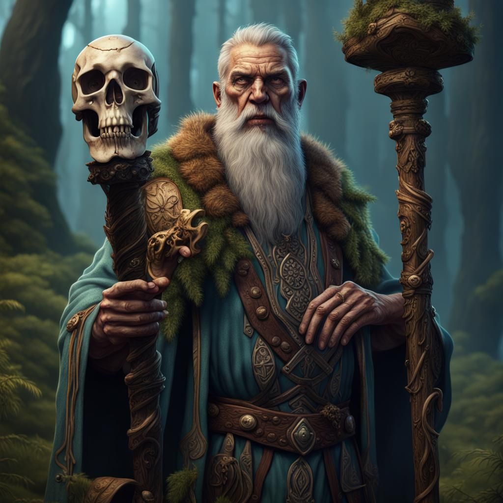 Male Druid with Cane and Skull, Matte Painting