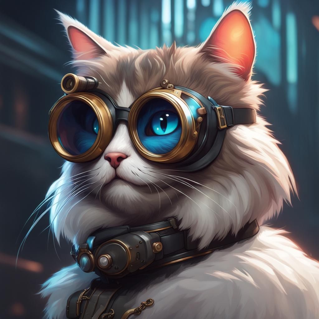 Goggled Fluffy Black Cat Portrait, Trending Artstation