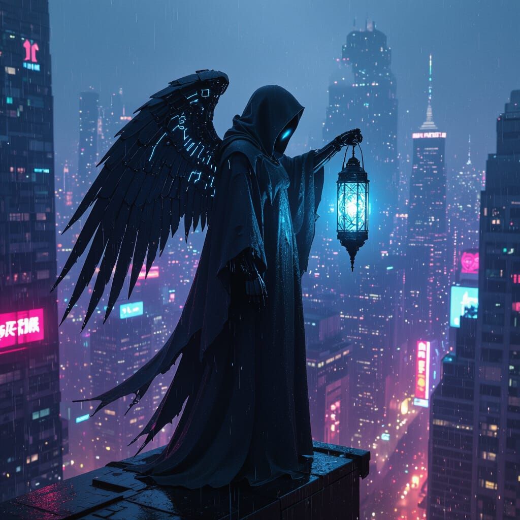 Cybernetic Angel Illuminates Neon Cityscape