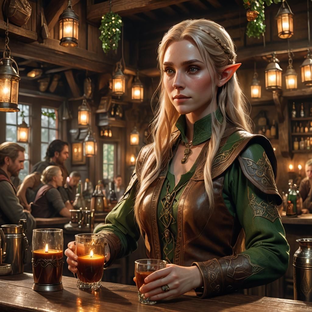 Elf Serving Drinks in a Detailed Tavern