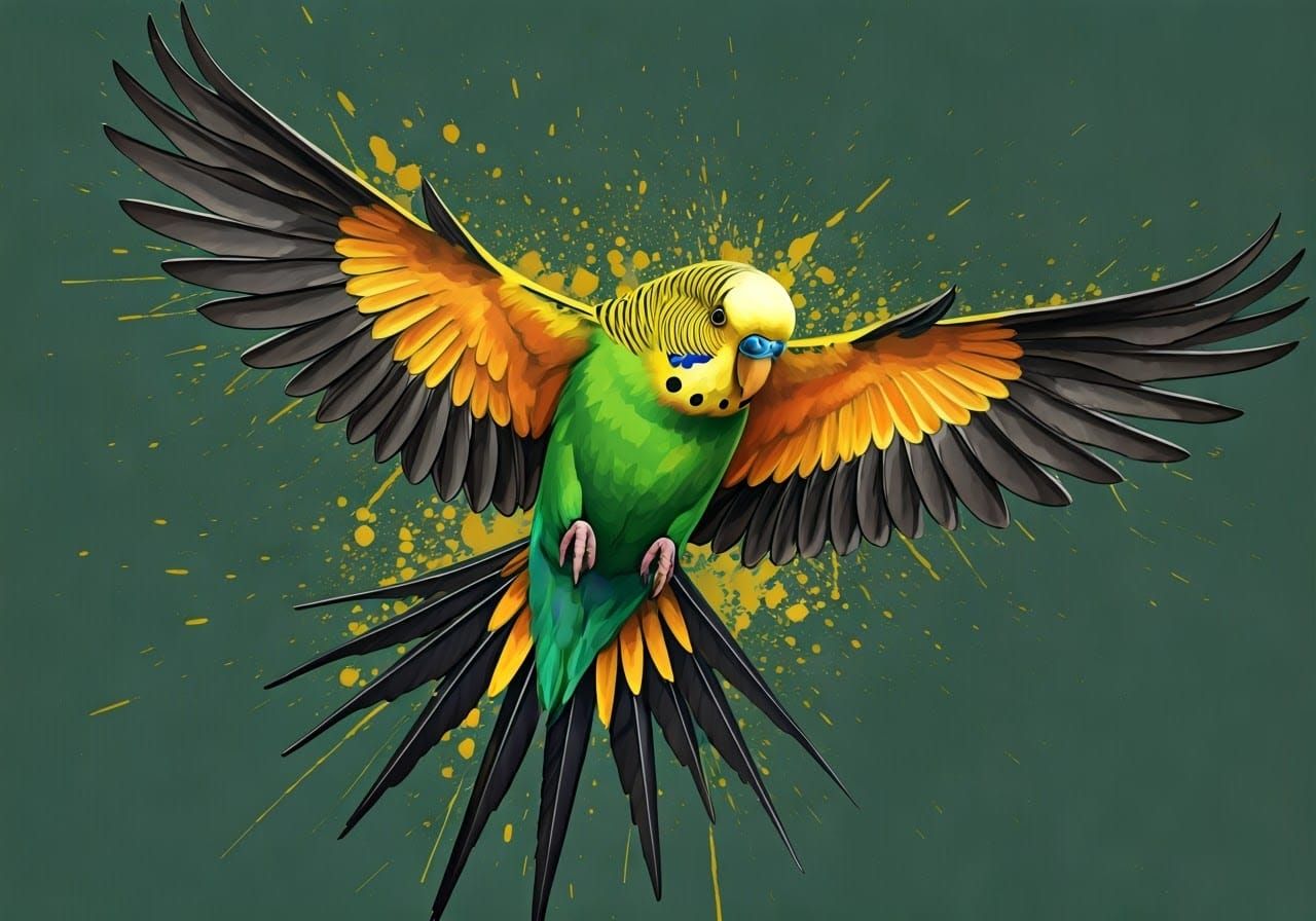 Parakeet in Flight with Ink Splatter Wings