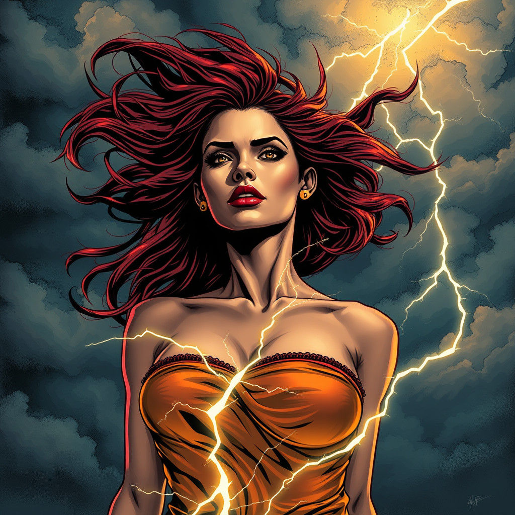 Electrifying Woman in Stormy Sky, Comic Book Art