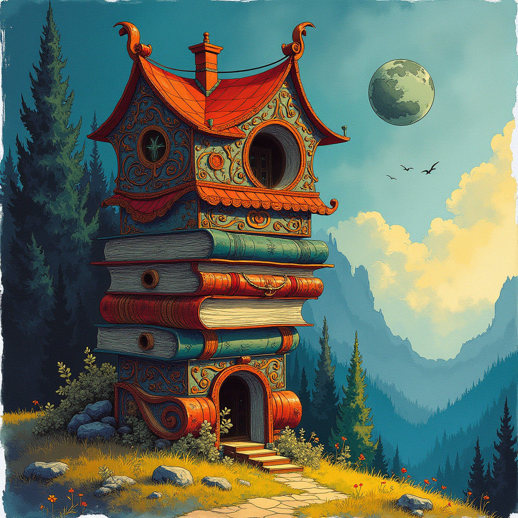 Mystical Book House in Art Nouveau Ink Drawing