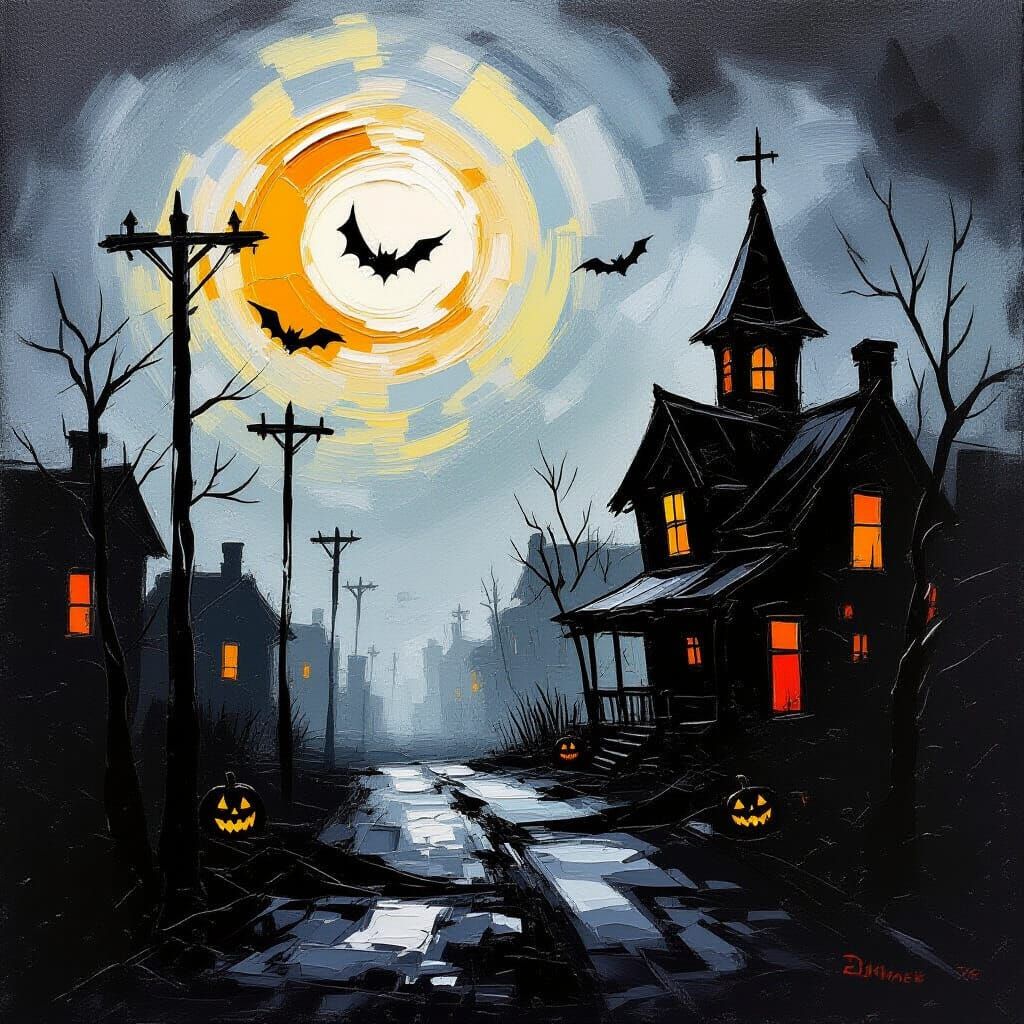 Sinister Halloween Town In Impasto Oil Paint Style