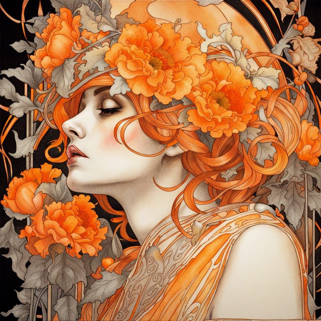Skeleton in Orange Flowers, Mucha-Inspired Watercolor