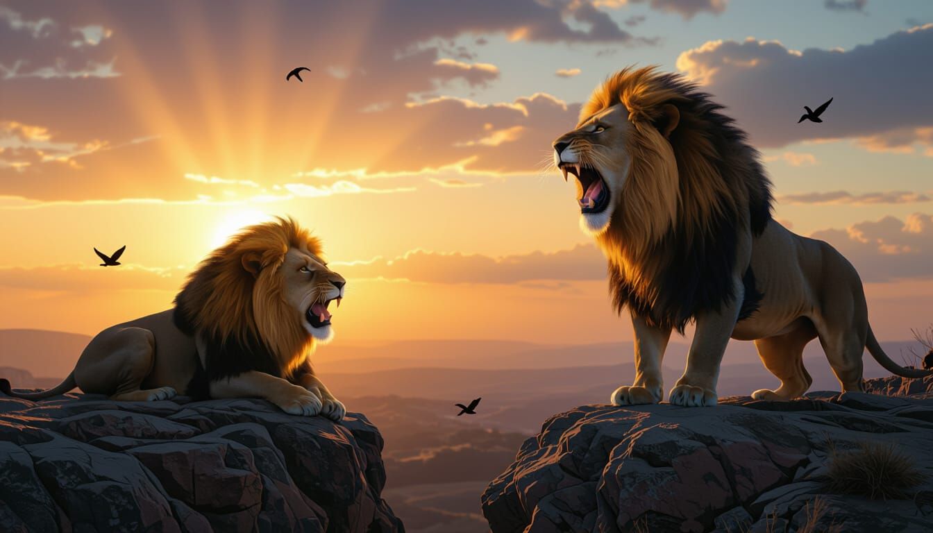Majestic Lion Roaring at Sunrise, Filmic Quality
