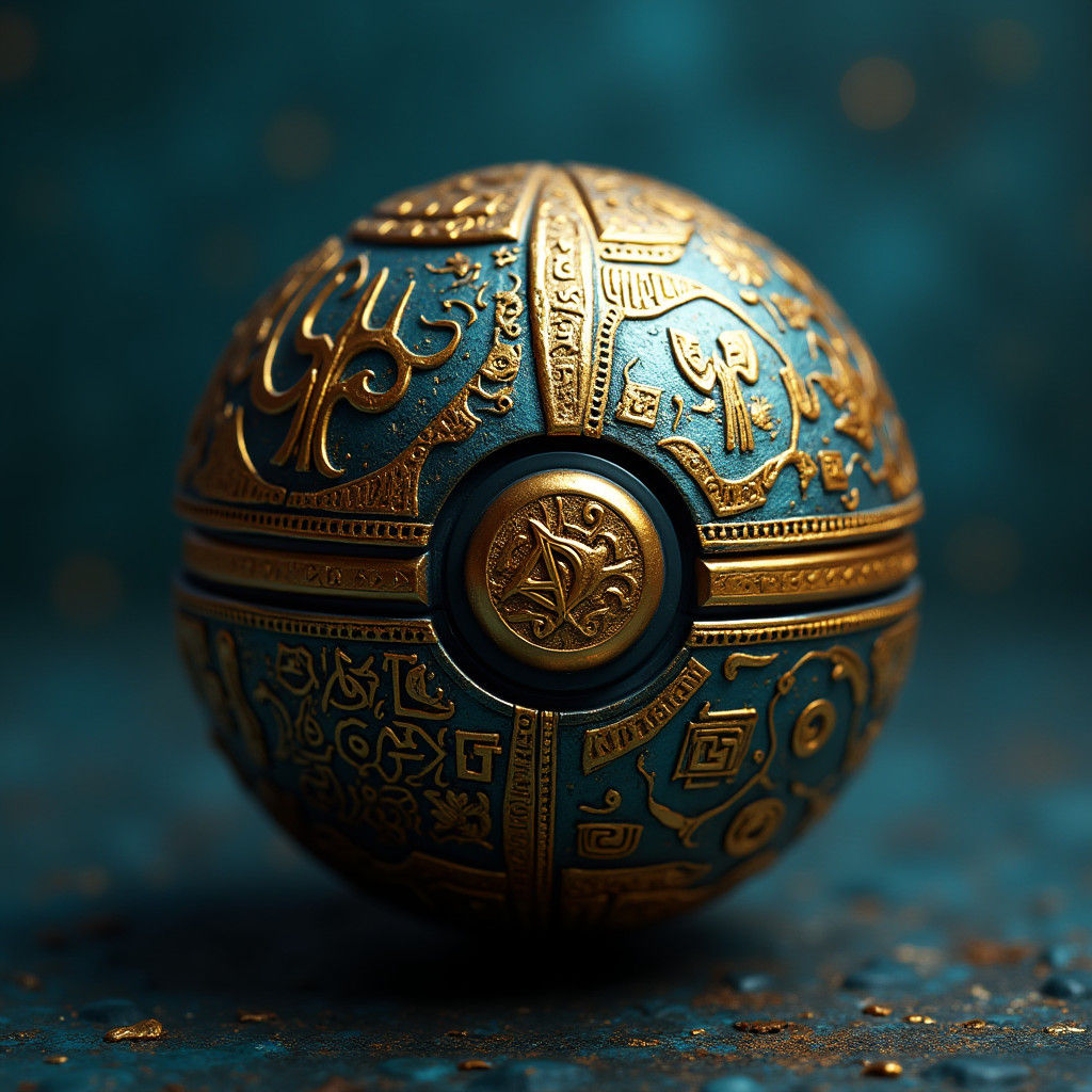 Golden Egyptian Pokeball with Hieroglyphs, Digital Art