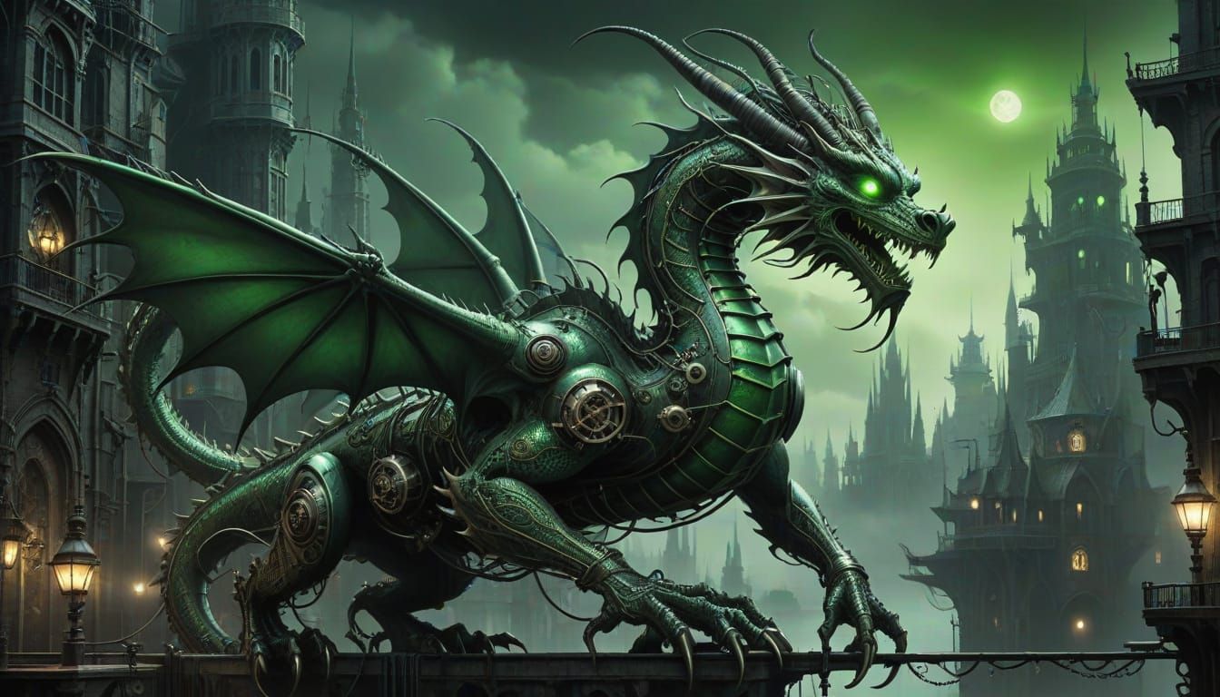 Biomechanical Dragon Soaring Through Gothic Cityscape