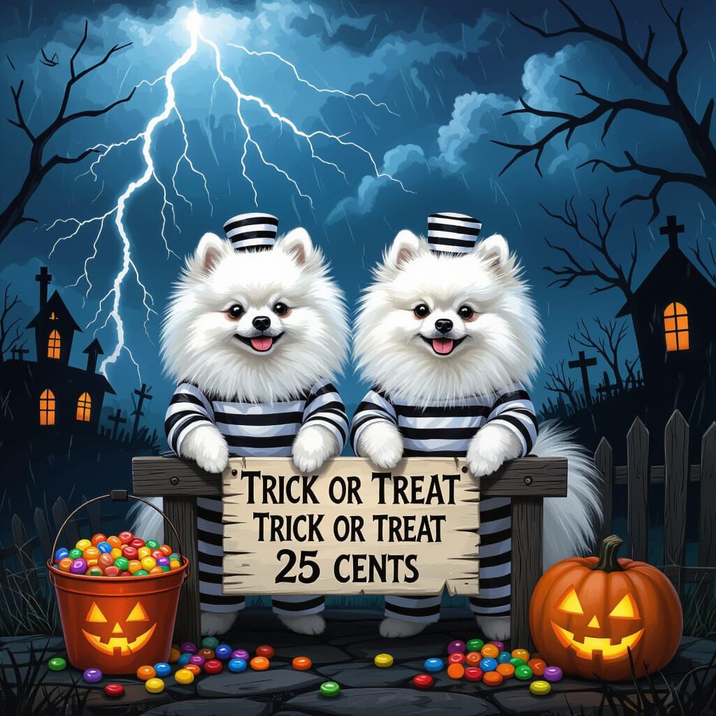 Pomeranians in Prisoner Uniforms Host Haunted Trick or Treat...