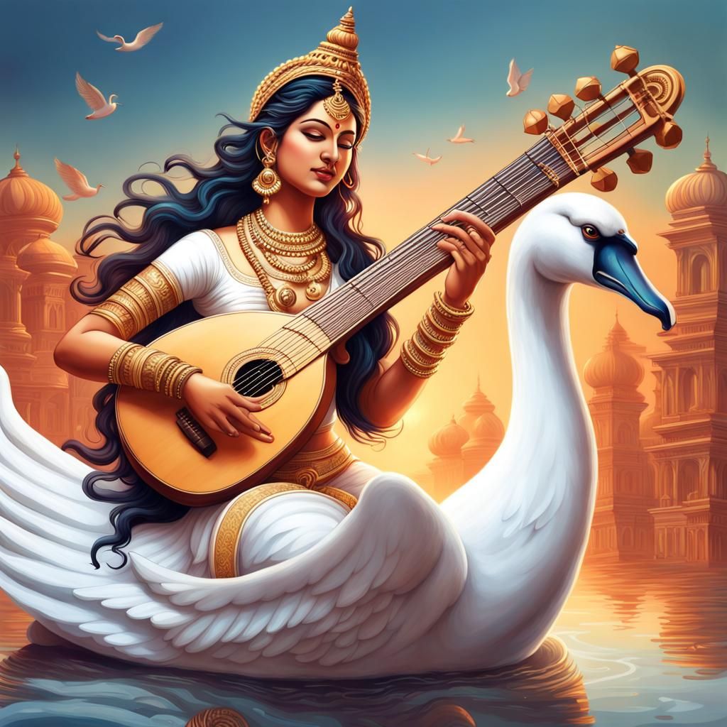 Saraswati on Swan with Veena: Hyperrealistic Splash Art