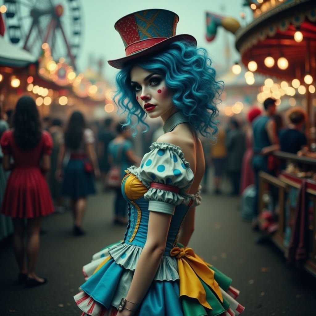 Eerie Clown Woman at Desaturated Carnival