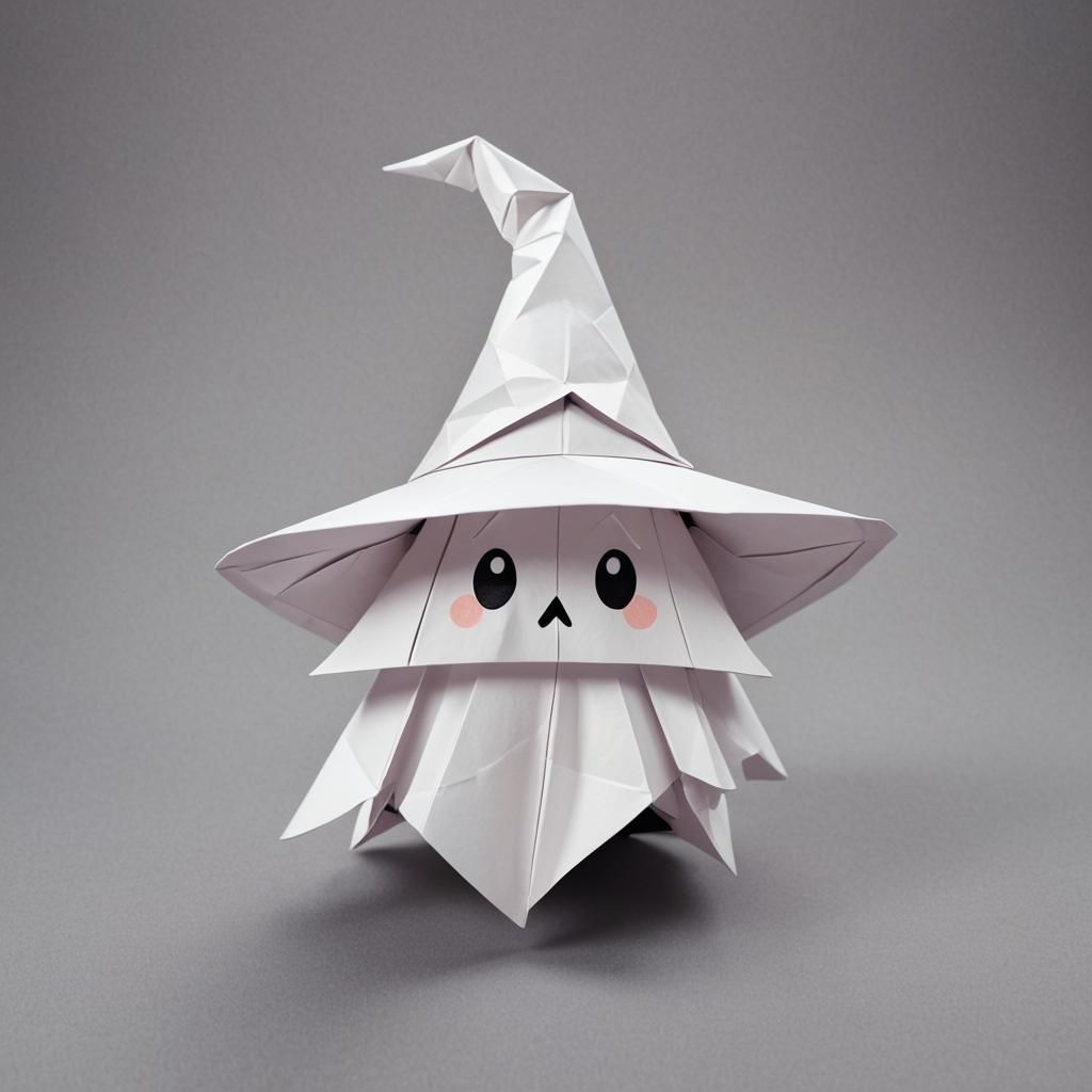 Cute Cartoon Ghost in Witch Hat, Origami Style