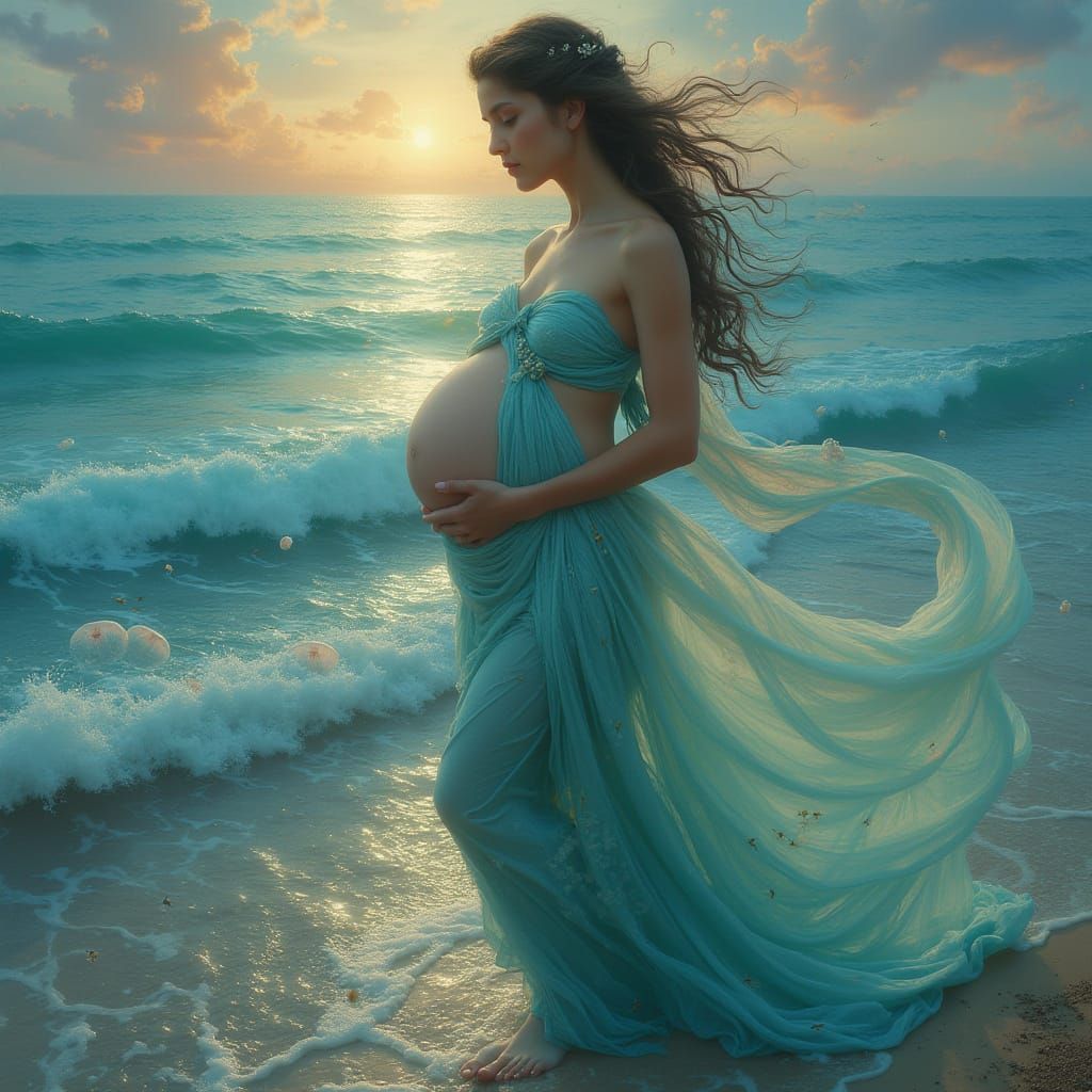 Serene Sea Goddess Thetis in Iridescent Gown at Twilight