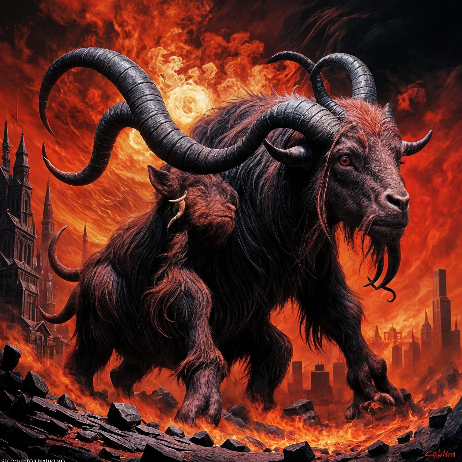 Red Goat Devil Amidst Ominous Smoke