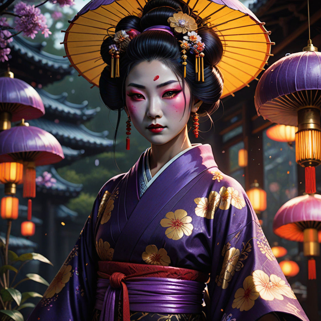 Whimsical Geisha on Enchanted Mushroom in Dark Fantasy Art