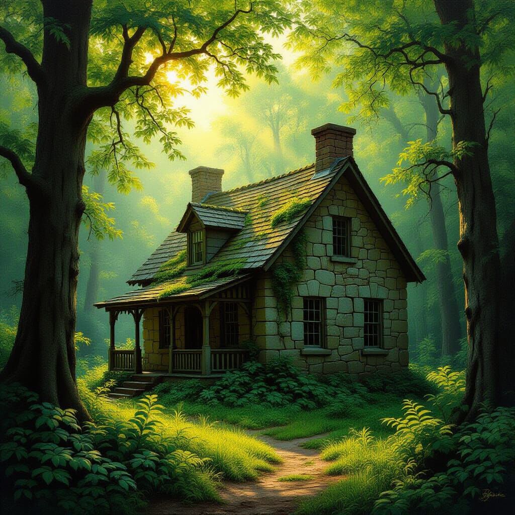 Hyper-Realistic Oil Painting of an Old Forest House
