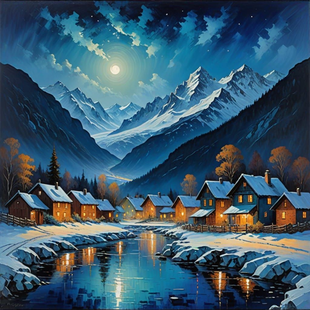 Impressionist Mountain Landscape with Blue Glacier