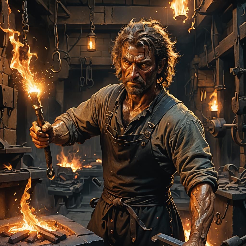 Furious Blacksmith in Dark Fantasy Art Style