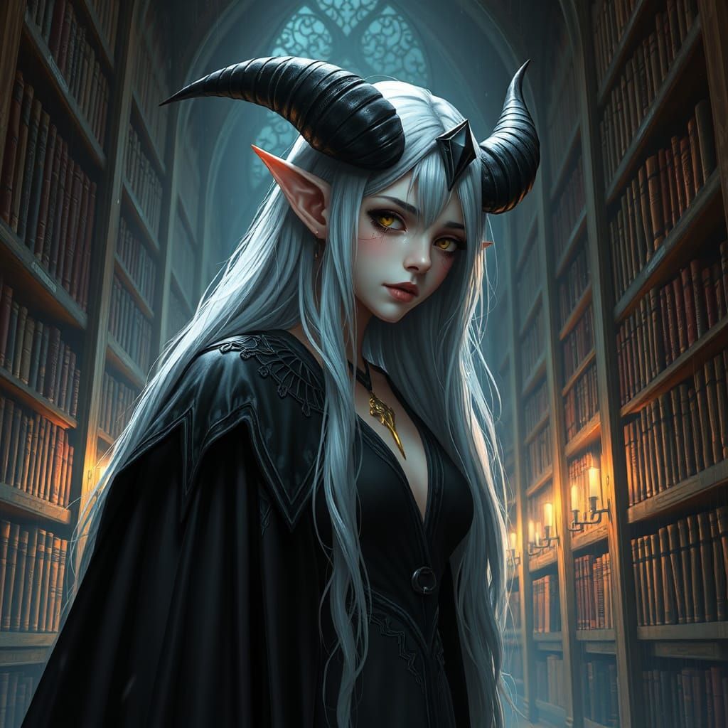 Crying Elf in Library: Detailed Matte Painting