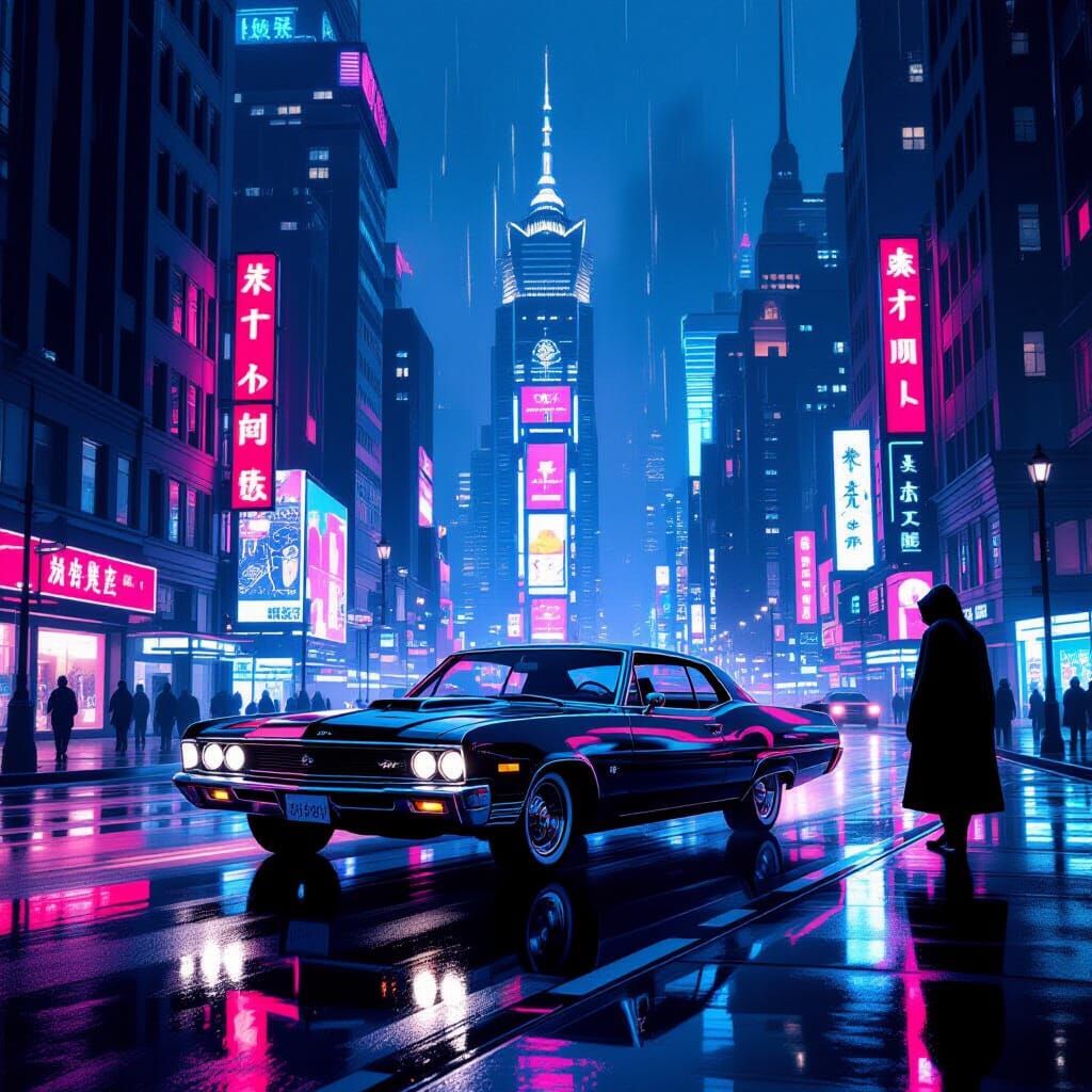 Cyberpunk Auto on Neon Street in Neo-Noir Style