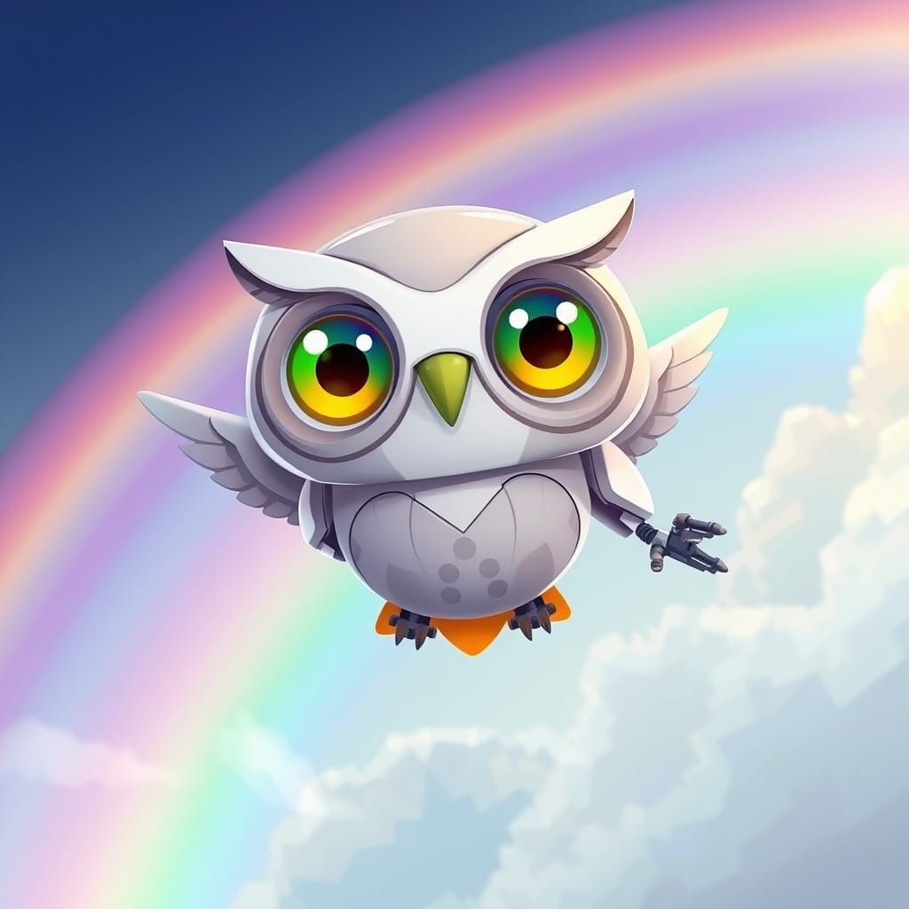 Whimsical Robot Owl in Rainbow Sky