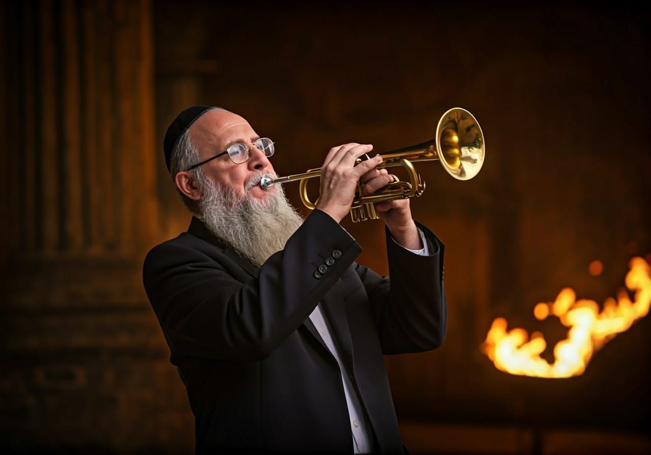 Hasidic Jew Plays Trumpet in Dramatic Cinematic Still