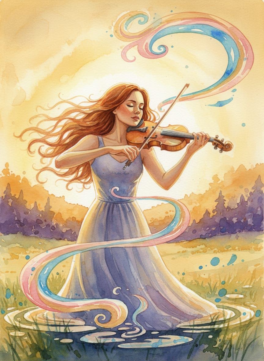 Violinist in Golden Hour Light with Shimmering Music