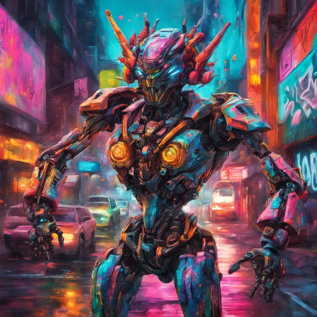 Hyperrealistic Neon Robot Monster in Graffiti Art Style