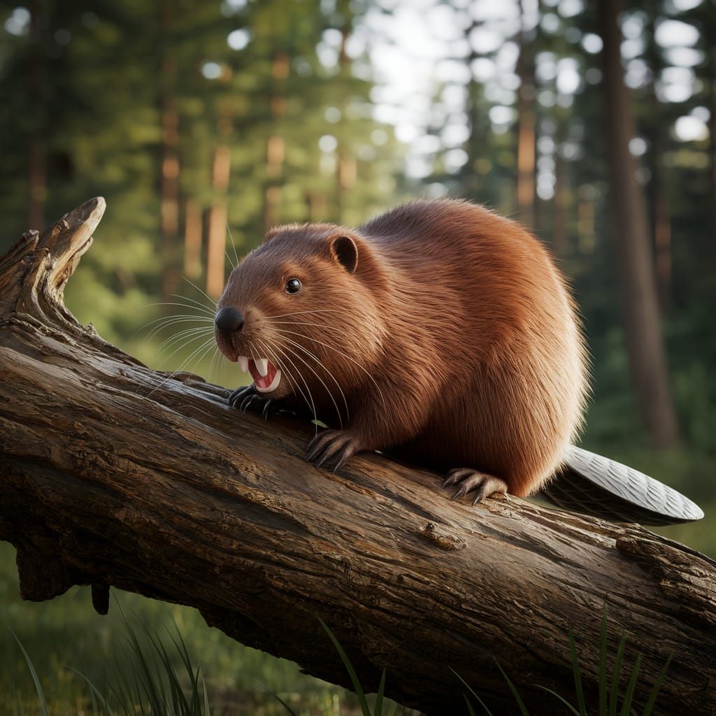 Beaver Gnawing Log in Detailed Digital Painting