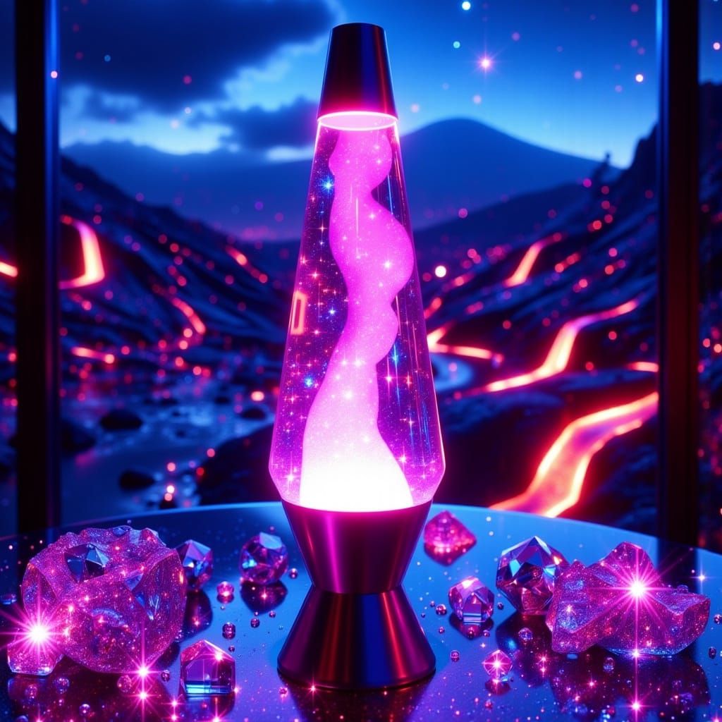 Glowing Lava Lamp Amidst Volcanic Landscape in Cyberpunk Sty...