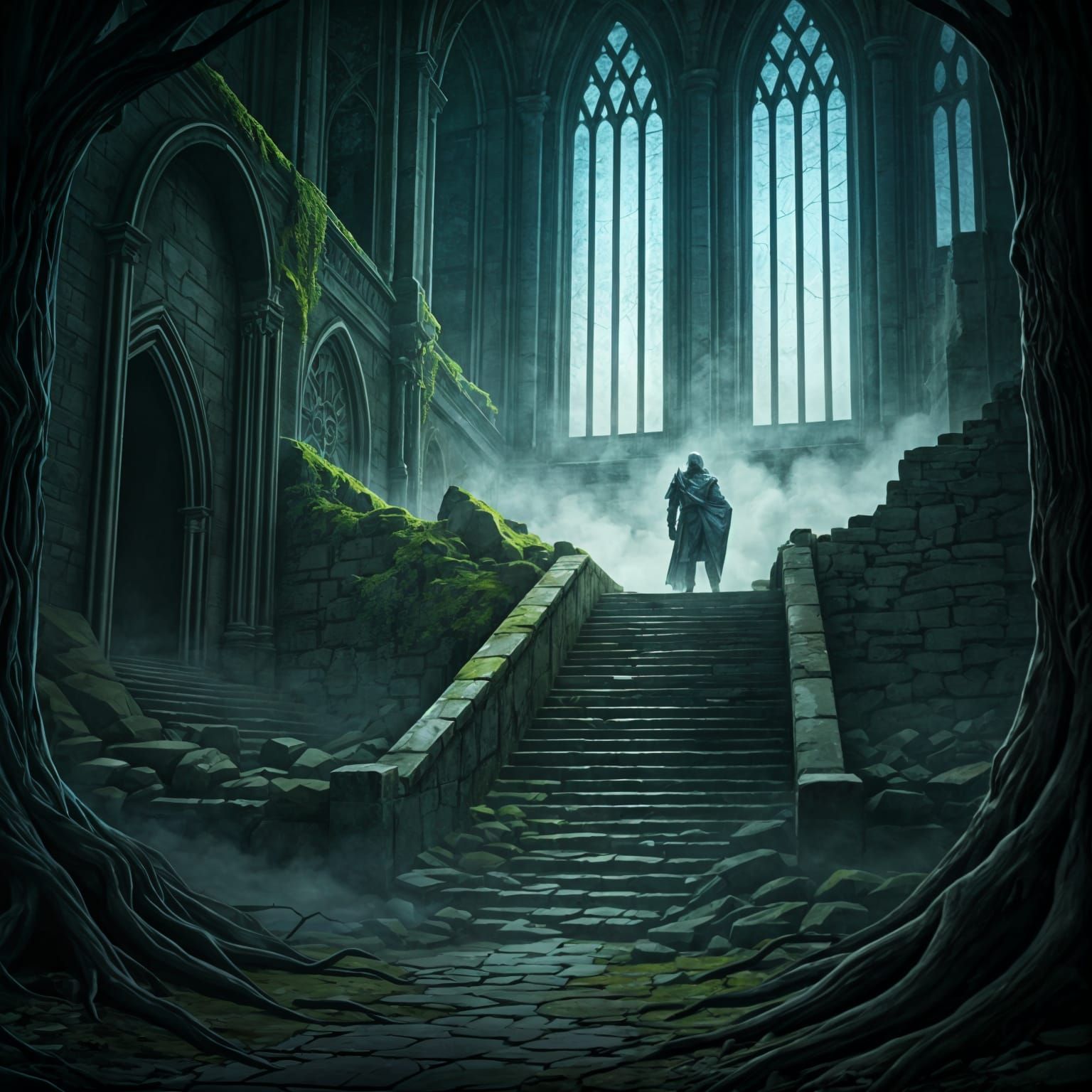 Ancient Castle Ruins in Mysterious Fog