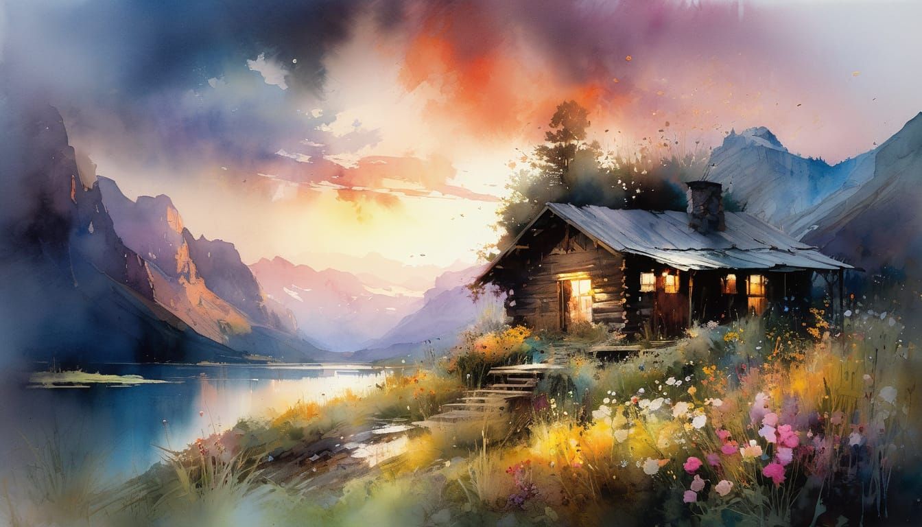 Watercolor Fairytale Cabin Amidst Majestic Mountains
