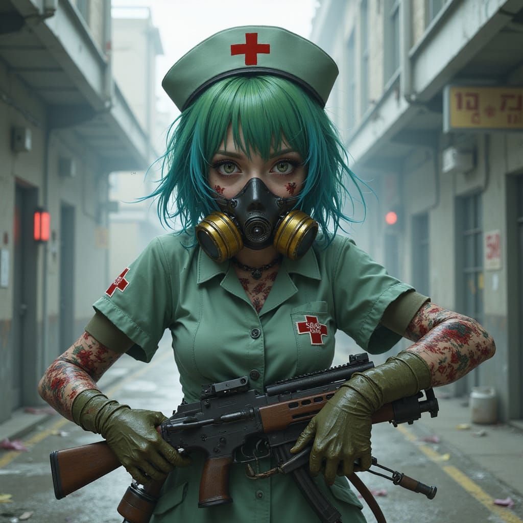 Anime Zombie Nurse with Machine Gun in Urban Setting
