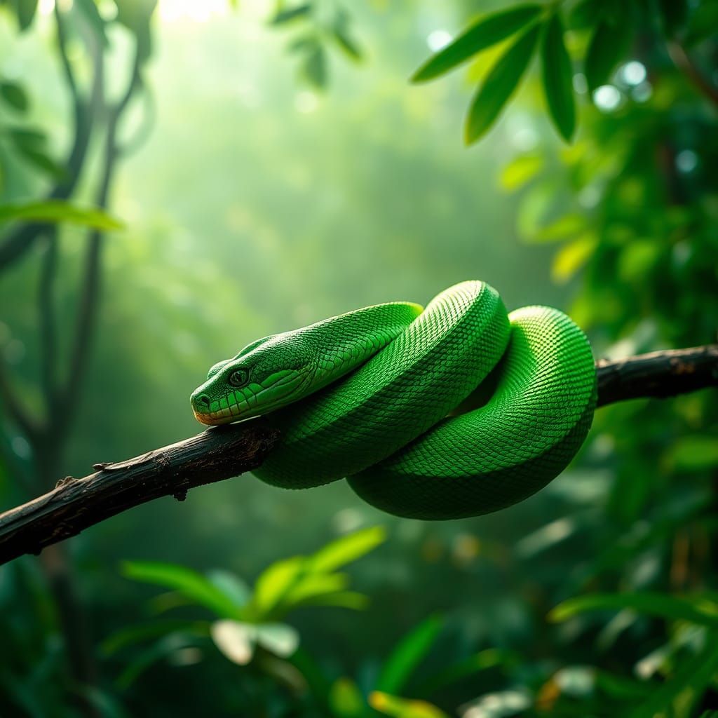 Emerald Green Viper in Rainforest, Cinematic Style