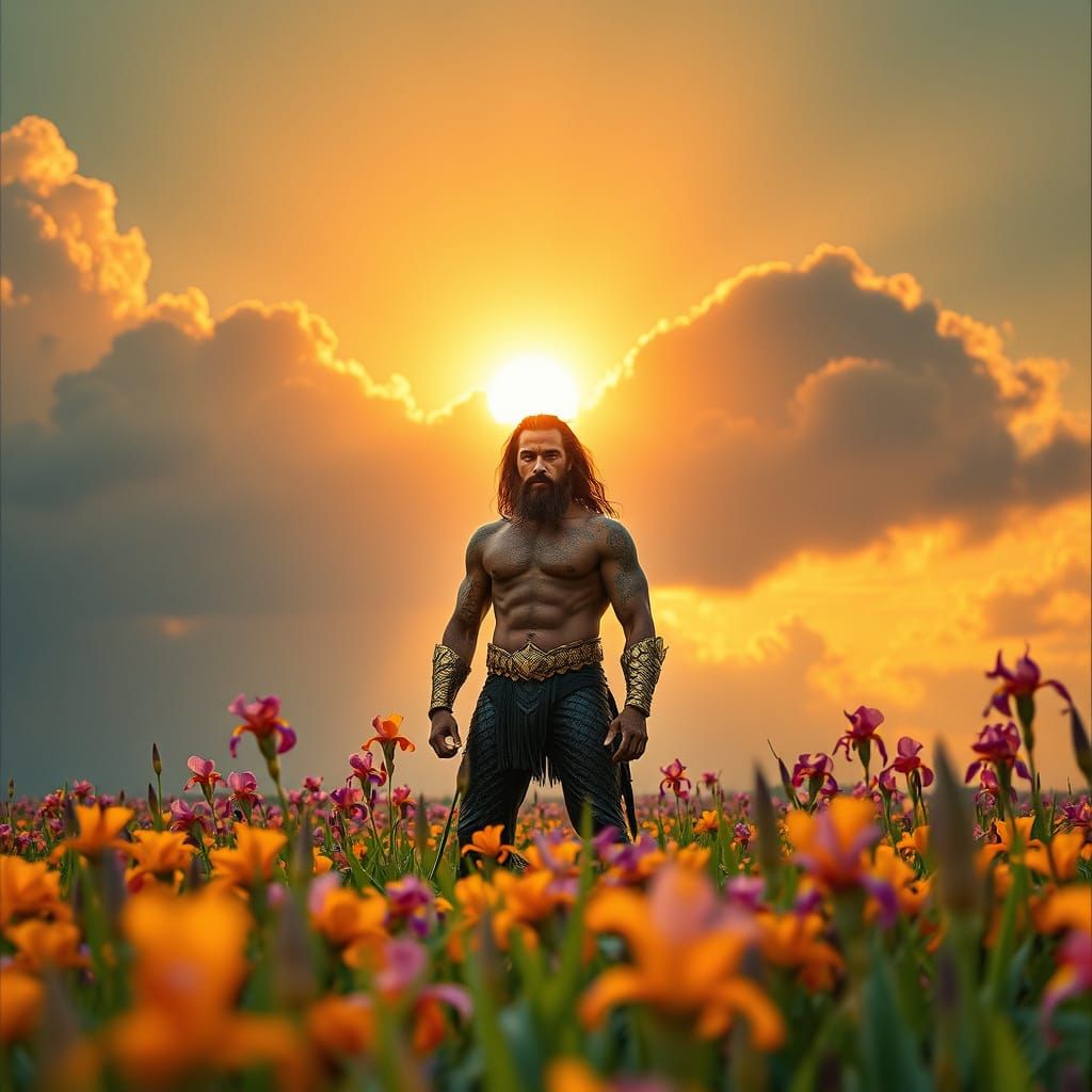 Aquaman in a Vibrant Field of Irises at Sunset