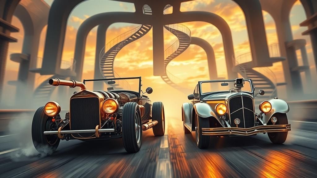 Steampunk Hot Rod Race in Escher-esque Realm