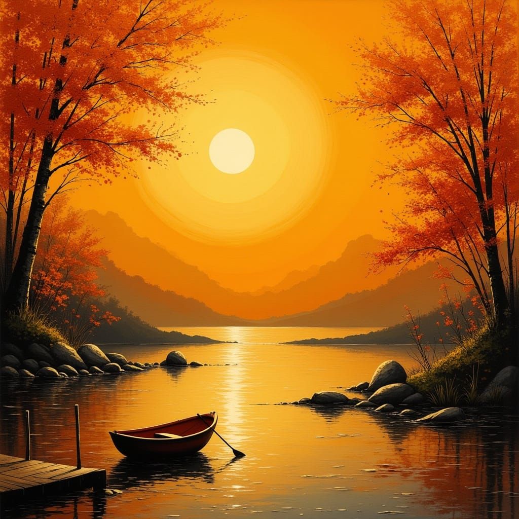Golden Orange Sunset Over Glistening Autumn Lake