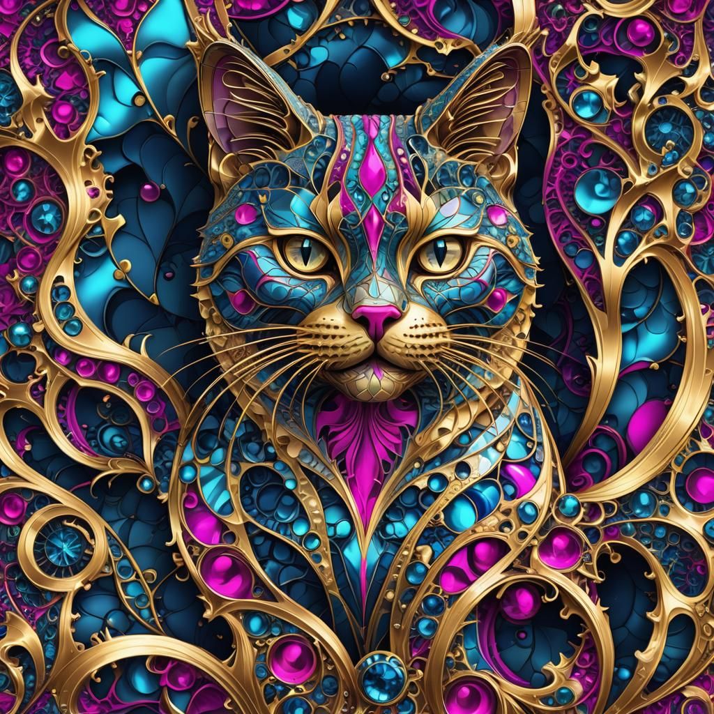 Abstract Fractal Cat Purse with Gold Chain