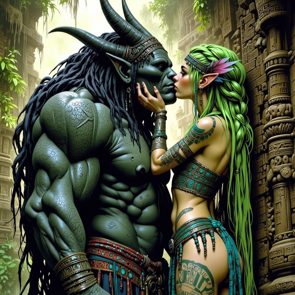 Elven Warrior Kisses Tar Monster in Jungle